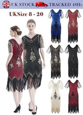 1920s Gatsby Party Sequin Flapper Short Sleeves Vintage Fringe Cocktail Dress UK