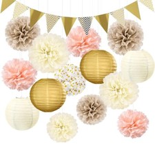 16 Pcs Party Decorations - Paper Lanterns, Pom Poms For Wedding, Birthday, Etc