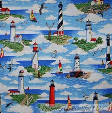 BonEful Fabric FQ Cotton VTG Blue Scenic Lighthouse Sailboat USA Bird Seagull FL