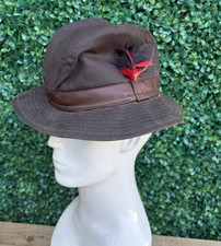 Mens Fedora fishing hat brown  cotton with decorative feathers size Small