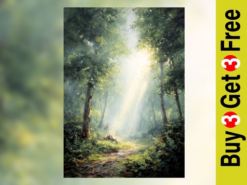 Sunlit woodland path - woodland, 5"x7"