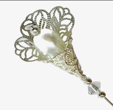 Hat Pin Ivory Pearl antique silver 5” long & end protector Ladies Hats wedding 