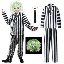 Men Beetlejuice Fancy Dress Spooky Halloween Cosplay Costume with Suit Pants Tie