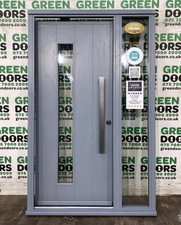 FRONT DOOR WITH SIDELIGHT WOODEN GREY EXTERNAL EXTERIOR MODERN LONG BAR HANDLE