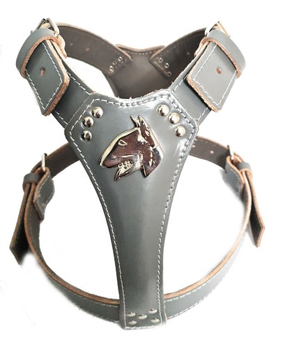 Grey leather dog harness - grey,