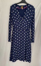 Joules Navy Blue & White Polka Dot Dress UK 10 MIDI Sleeves, Flare, Stretch,