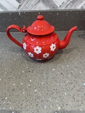 VINTAGE RED ENAMEL TEAPOT WITH WHITE FLOWER PATTERN-YUGOSLAVIA