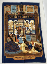 A Tupenny Mix Fish & Chip Shop Scene Cotton Tea Towel Unused 74cm x 49cm