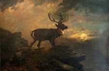 Clarence Roe Signed Original Victorian Oil Painting Highland Stag in Moonlight