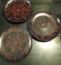 Three Kura Lacquer Classic Aizu Ware Vermilion Peony Carved Confectionery Bowl