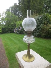 Antique Brass & Cut Glass Hinks Oil Lamp Chimney & Original Oil Lamp Shade