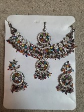 Indian Jewellery Set Choker Necklace Multicoloured Stones Earrings Tikka 