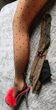 Seamed Stockings Black/Brown Polka dot with heel bow - Pamela Mann One Size