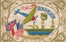 WW2 Embroidered SILK POSTCARD - Souvenir - Plane above Battleship + Allied Flags