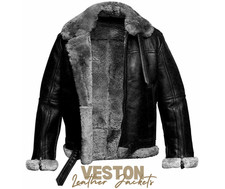 Men Aviator Black RAF B3 Flying Pilot Bomber Shearling Fur Real Leather Jacket