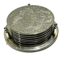 Vintage Engraved Silver Plated 9cm Round Coaster Set x 6 Coasters and Holder