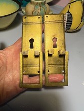 2 Antique Art Deco German Wardrobe Cabinet Door Handles Brass Escutcheons Pulls