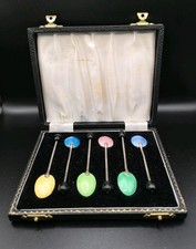 Antique Set 6 Coffee Bean Spoons Sterling Silver & Enamel Birmingham 1957