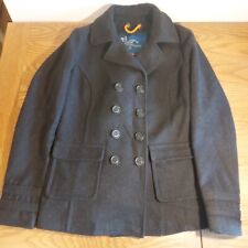 Superdry Liberty Bell PeaCoat UK Size Small Black Button Up Collar Wool Blend 