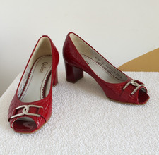 Gabor Patent Leather Peep Toe Court Shoe Women UK 4 Red Heels Chain Silver
