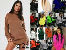 Women Chunky Knitted Baggy Oversized Ladies Jumper High Polo Roll Neck Top Dress