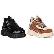 Buffalo Cld Chai Fur Lined Vegan Platform Womens Trainers Black Patent UK 3 - 7