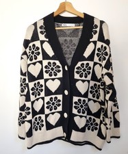 Zara Cardigan Size M Black White Chunky Flower Heart Jacquard Oversized