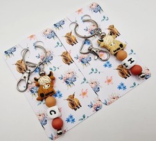 Beaded Highland Cow Keyring, Bag Charm, Personalised with Initial Bead, Carded