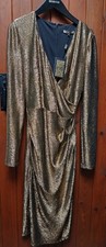 Biba Metallic Shimmer Gold Chainmail Party Faux Wrap Dress Size 16 NEW