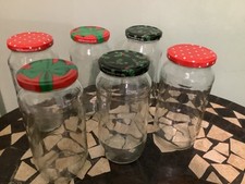 6 x 450ml TALL  ROUND GLASS JAM PRESERVE PICKLE JARS + SCREW ON XMAS LIDS