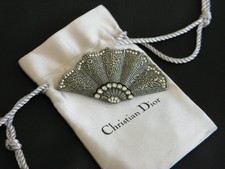 LOVELY VINTAGE CHRISTIAN DIOR GUNMETAL GREY FAN BROOCH WITH BRAND POUCH