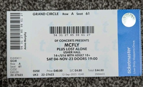 Mcfly ticket stub - 2023, unused