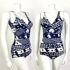 VINTAGE 60s 70s BLUE WHITE FLORAL DOG SCALES MOD PATCHWORK SWIM BODY SUIT 8 10