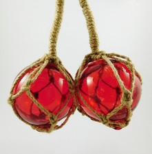 Glass Float Nautical Sea Fishing Buoy 2 x 3" / 7.5cm Dia With Rope Hangers Red