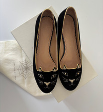 Charlotte Olympia black suede "kitty" shoe with gold studs and detail UK 6.5/EU