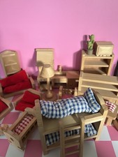 Wooden Dolls House Furniture Toy Set Nursery Bedding Bunk Bed Bedroom