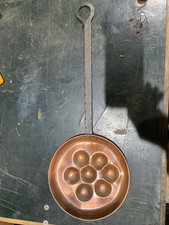 Antique English Cast Iron Handle & Brass Egg Poacher Pan - 24" long 8.5" diam