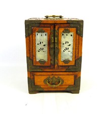 Vintage Chinese Wooden Jewellery Cabinet With Brass & Jade? Details And Lock