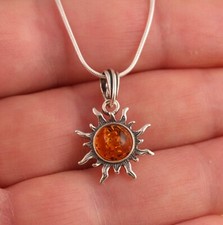 Cognac Baltic Amber 925 Sterling Silver Sun Pendant Necklace Chain Jewellery Box