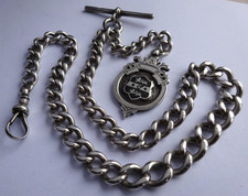 Antique 57.6g solid silver pocket watch albert chain w/  silver & enamel fob