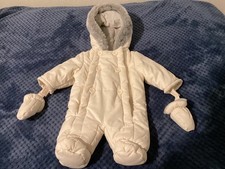 John Lewis Cream Quilted Baby Pram Suit 0-3 Months Detatchable Mittens VGC