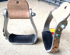 Engraved aluminum Western stirrups w/copper cactus, turquoise, non-slip treads