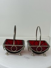 A Lovely Pair Of Edwardian Silver Plated Cranberry Bonbon Baskets