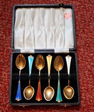 David Andersen: Set Of 6 Sterling Enamel  Spoons. Norway. Original vintage case