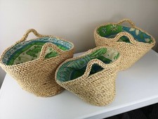 Set 3 Rattan Hessian Rope Look Storage Baskets Holdalls Green Floral Lined NEW