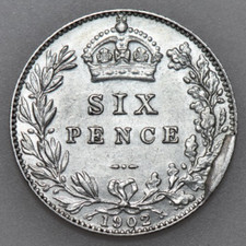RARE 1902 RIM CUD DIE ERROR, EDWARD VII SIXPENCE, BRITISH SILVER COIN, EF