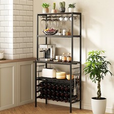 Multi-Tier Wine Rack with Power Outlet 24 Bottles Holders Shelves Hooks Grey