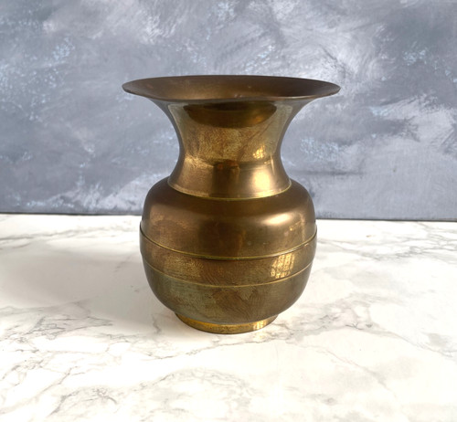 Vintage brass vase etched - vase,