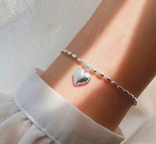 925 Sterling Silver Heart Drop Bead Charm Chain Bracelet Women Girls Gifts UK