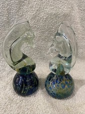 2 X Mdina 6” Green Glass Seahorse Paperweight Figures